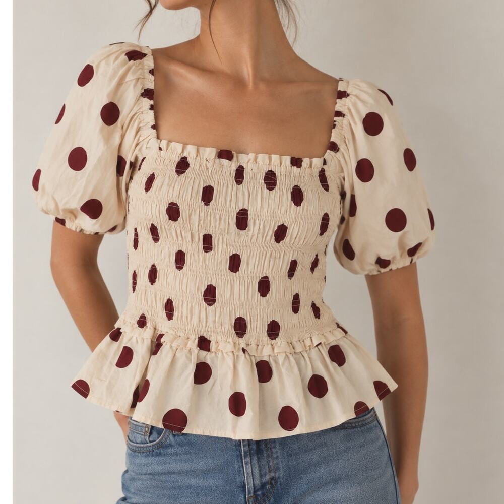 Francesca’s Polka Dot Smocked Puff Sleeve Top Cream Burgundy Coquette Large
